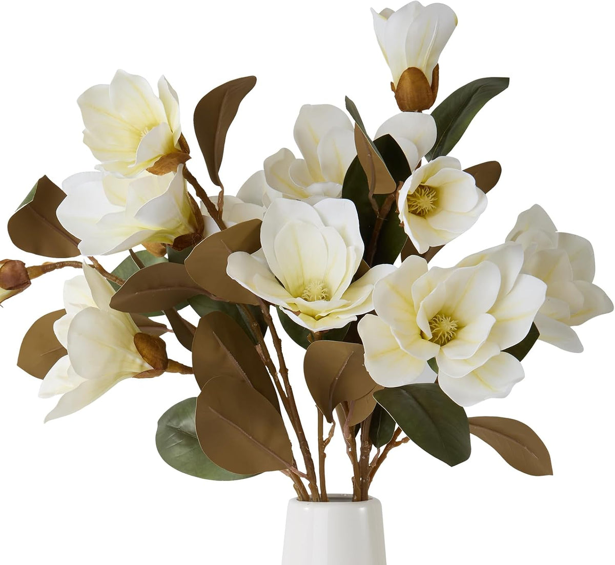 32.2inch Artificial Magnolia Flowers 3D Real Touch 6 Heads Faux Magnolia Flower Bouquets Realistic Long Stem with Green Leaves for Home Wedding Table Office Floral Arrangement Decoration (White)