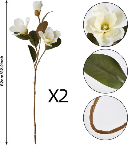 32.2inch Artificial Magnolia Flowers 3D Real Touch 6 Heads Faux Magnolia Flower Bouquets Realistic Long Stem with Green Leaves for Home Wedding Table Office Floral Arrangement Decoration (White)