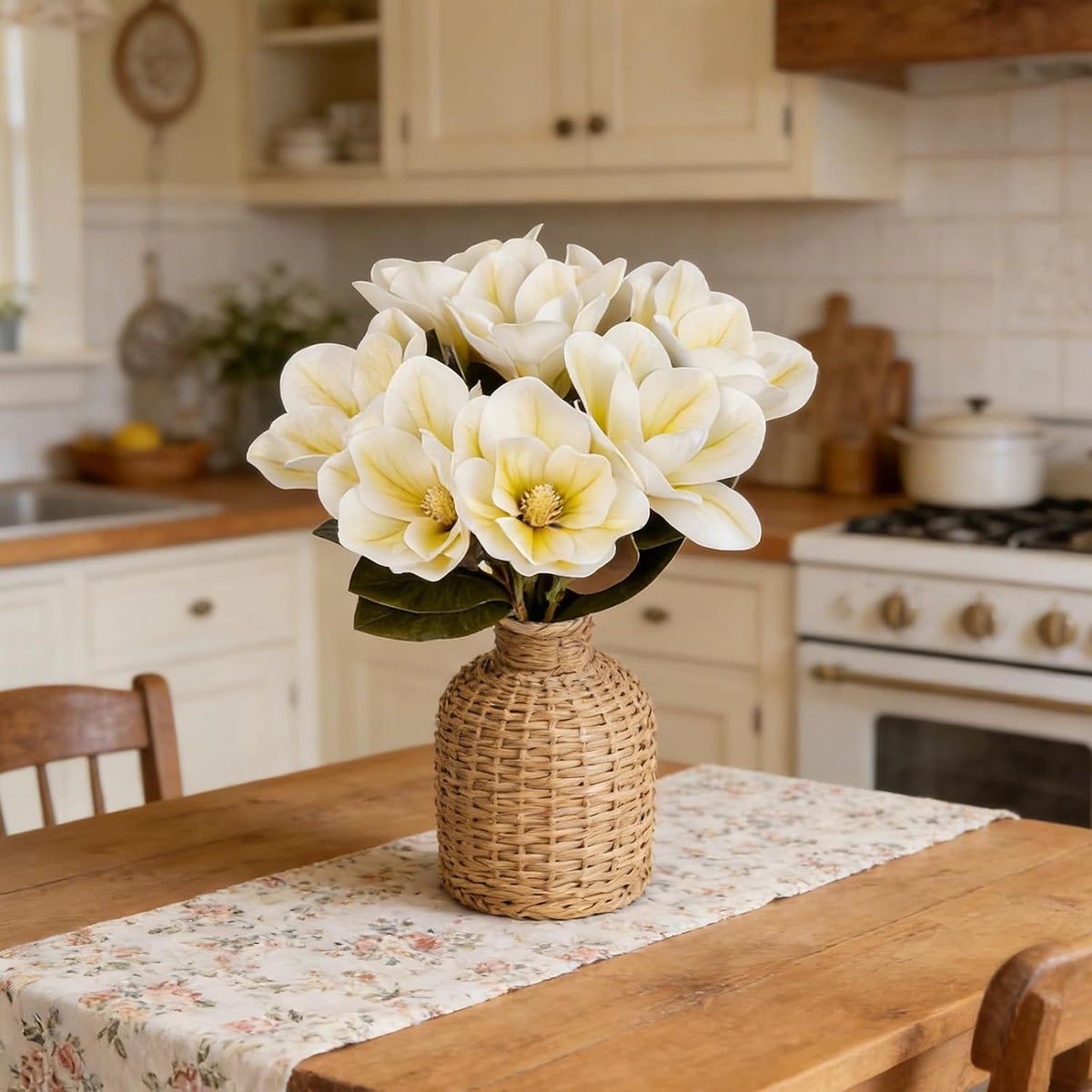 32.2inch Artificial Magnolia Flowers 3D Real Touch 6 Heads Faux Magnolia Flower Bouquets Realistic Long Stem with Green Leaves for Home Wedding Table Office Floral Arrangement Decoration (White)