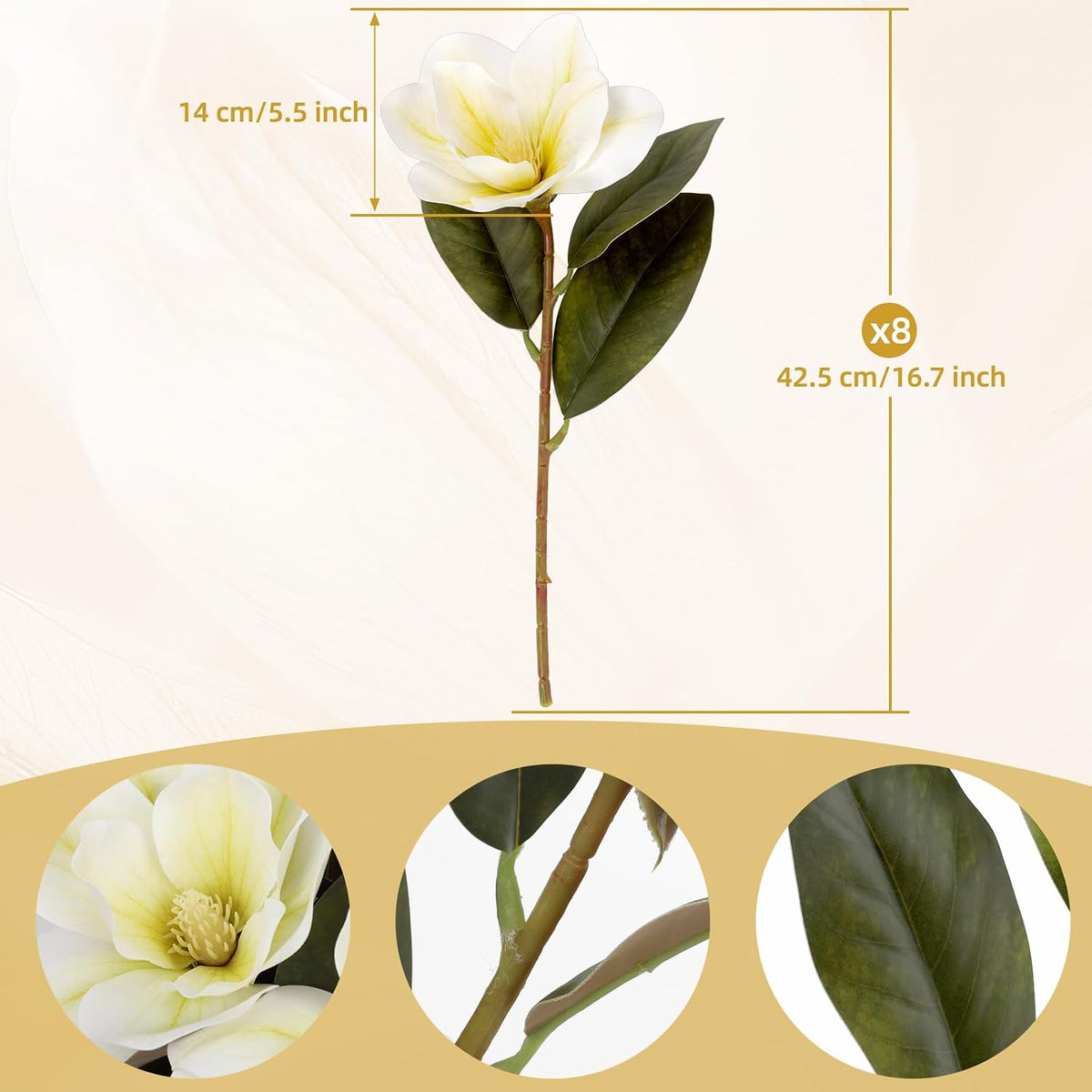 32.2inch Artificial Magnolia Flowers 3D Real Touch 6 Heads Faux Magnolia Flower Bouquets Realistic Long Stem with Green Leaves for Home Wedding Table Office Floral Arrangement Decoration (White)