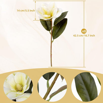 32.2inch Artificial Magnolia Flowers 3D Real Touch 6 Heads Faux Magnolia Flower Bouquets Realistic Long Stem with Green Leaves for Home Wedding Table Office Floral Arrangement Decoration (White)