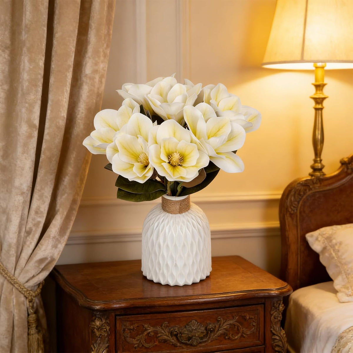32.2inch Artificial Magnolia Flowers 3D Real Touch 6 Heads Faux Magnolia Flower Bouquets Realistic Long Stem with Green Leaves for Home Wedding Table Office Floral Arrangement Decoration (White)