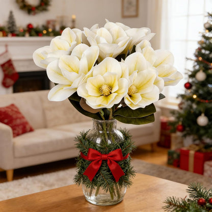 32.2inch Artificial Magnolia Flowers 3D Real Touch 6 Heads Faux Magnolia Flower Bouquets Realistic Long Stem with Green Leaves for Home Wedding Table Office Floral Arrangement Decoration (White)