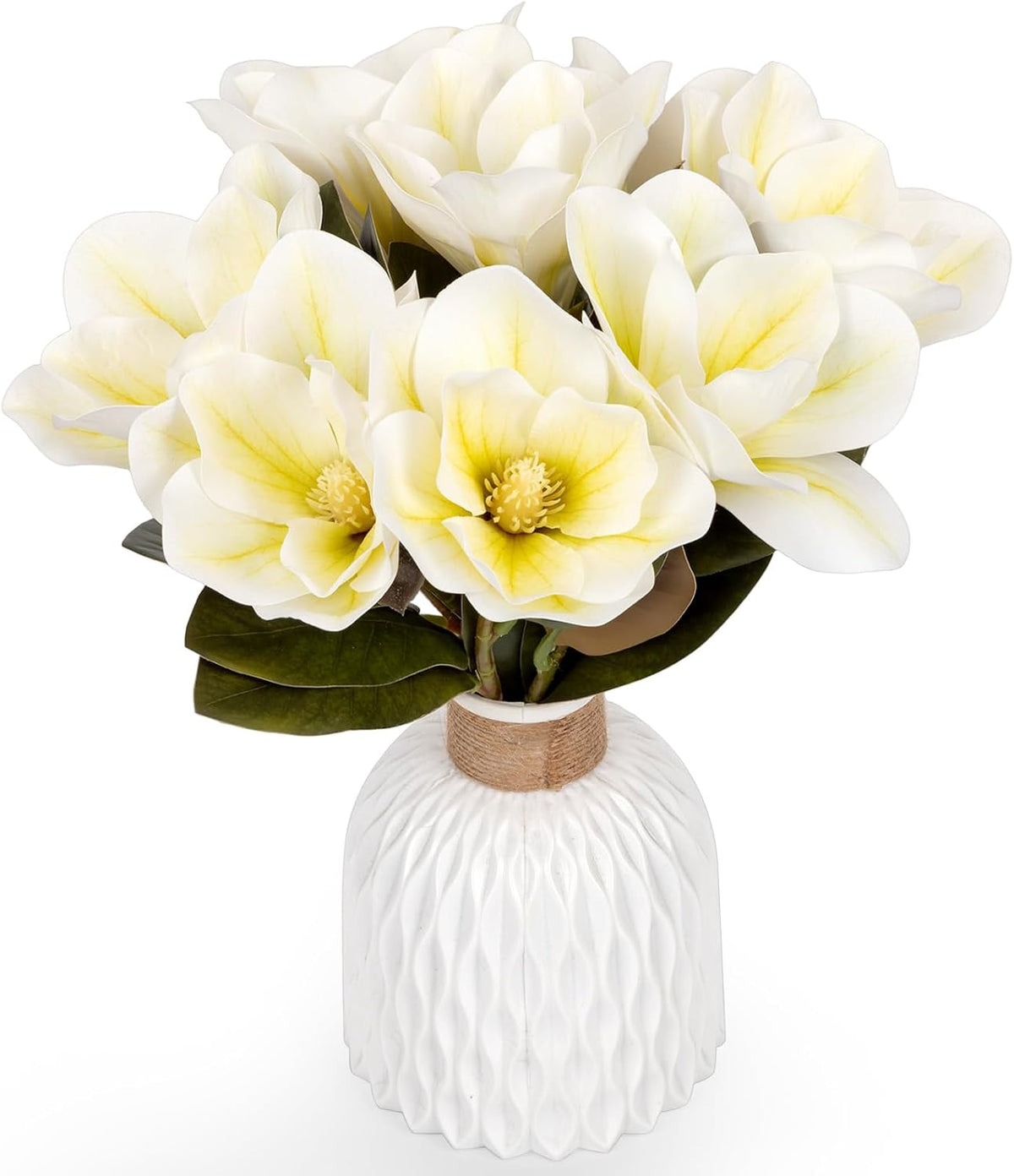32.2inch Artificial Magnolia Flowers 3D Real Touch 6 Heads Faux Magnolia Flower Bouquets Realistic Long Stem with Green Leaves for Home Wedding Table Office Floral Arrangement Decoration (White)