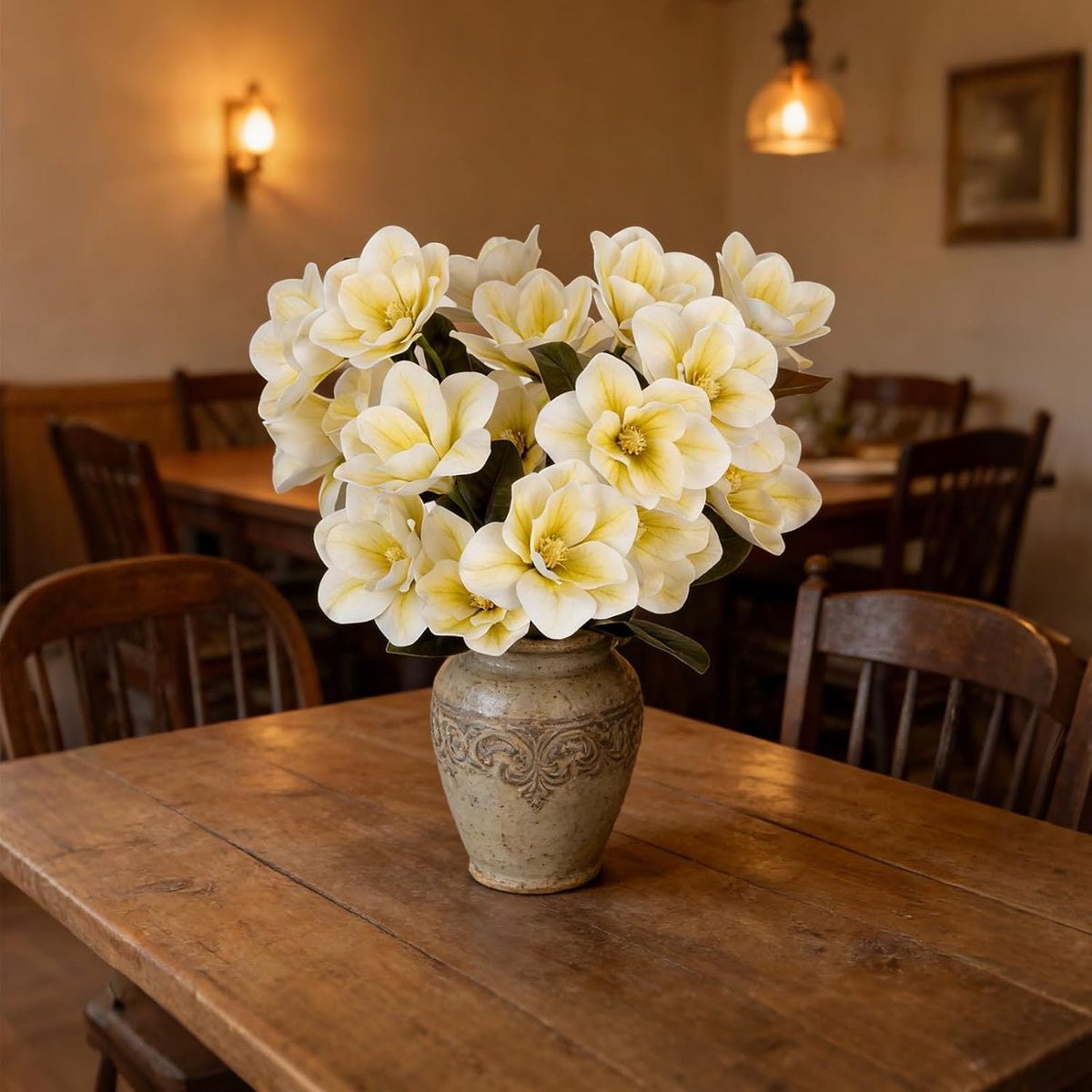 32.2inch Artificial Magnolia Flowers 3D Real Touch 6 Heads Faux Magnolia Flower Bouquets Realistic Long Stem with Green Leaves for Home Wedding Table Office Floral Arrangement Decoration (White)