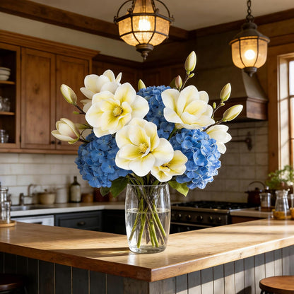 32.2inch Artificial Magnolia Flowers 3D Real Touch 6 Heads Faux Magnolia Flower Bouquets Realistic Long Stem with Green Leaves for Home Wedding Table Office Floral Arrangement Decoration (White)