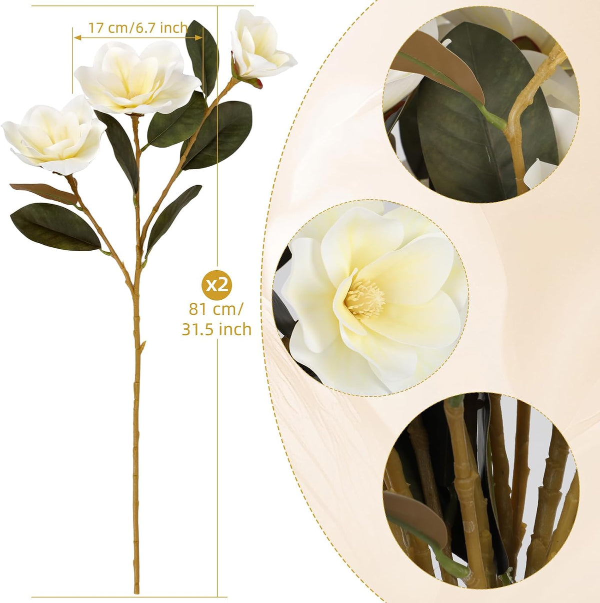 32.2inch Artificial Magnolia Flowers 3D Real Touch 6 Heads Faux Magnolia Flower Bouquets Realistic Long Stem with Green Leaves for Home Wedding Table Office Floral Arrangement Decoration (White)