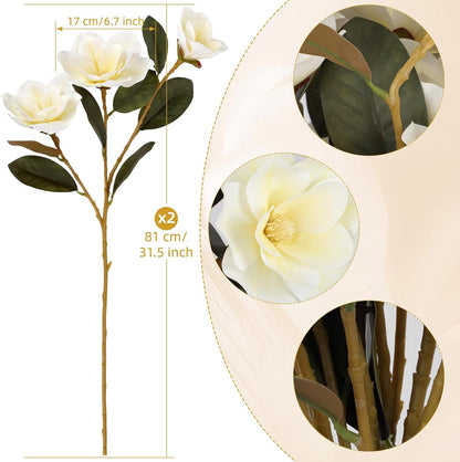 32.2inch Artificial Magnolia Flowers 3D Real Touch 6 Heads Faux Magnolia Flower Bouquets Realistic Long Stem with Green Leaves for Home Wedding Table Office Floral Arrangement Decoration (White)