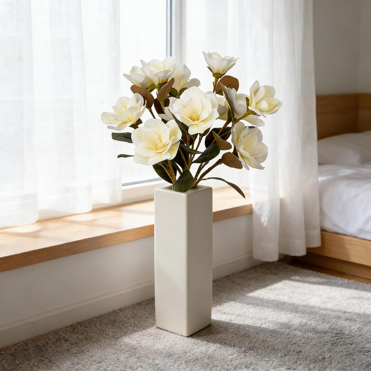 32.2inch Artificial Magnolia Flowers 3D Real Touch 6 Heads Faux Magnolia Flower Bouquets Realistic Long Stem with Green Leaves for Home Wedding Table Office Floral Arrangement Decoration (White)