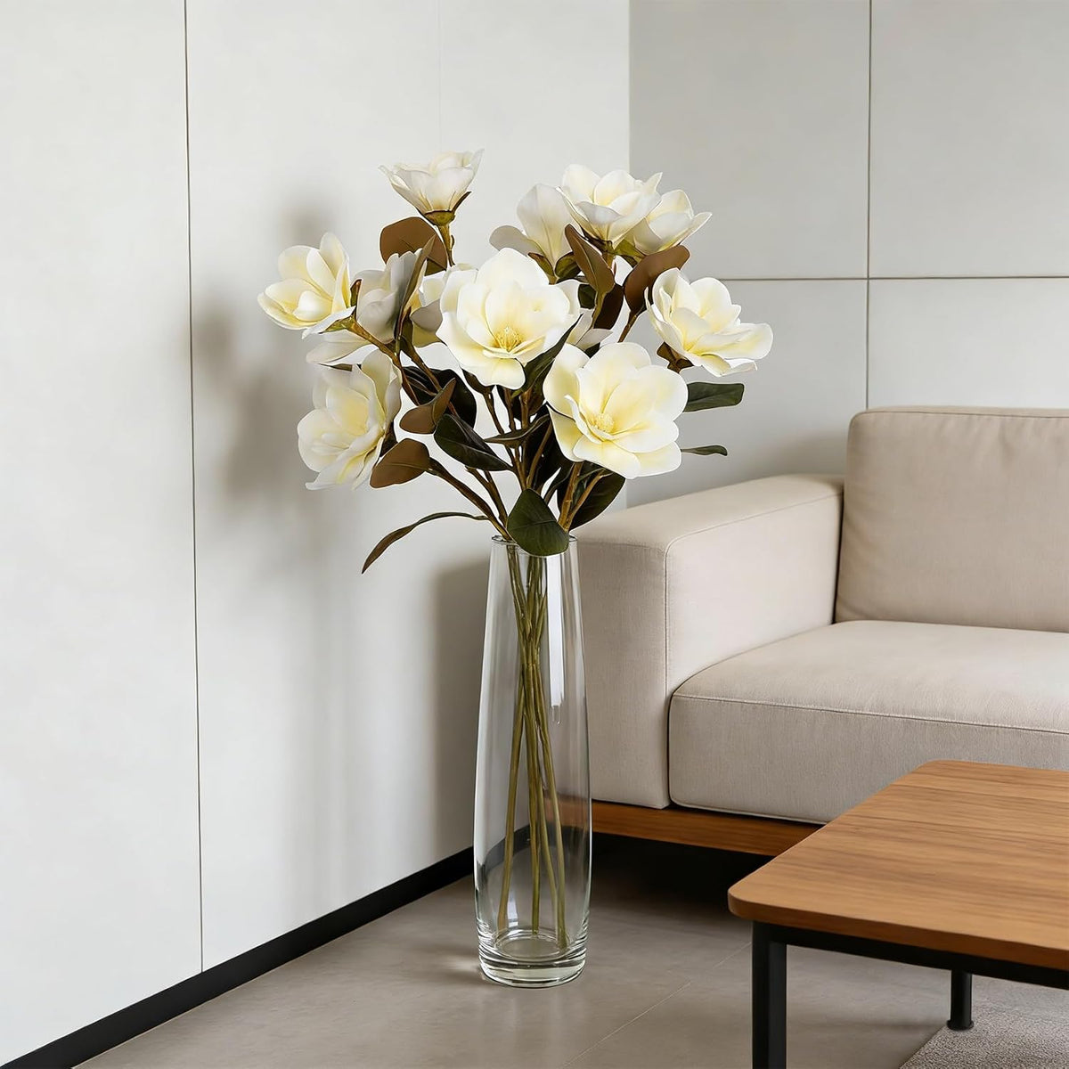 32.2inch Artificial Magnolia Flowers 3D Real Touch 6 Heads Faux Magnolia Flower Bouquets Realistic Long Stem with Green Leaves for Home Wedding Table Office Floral Arrangement Decoration (White)