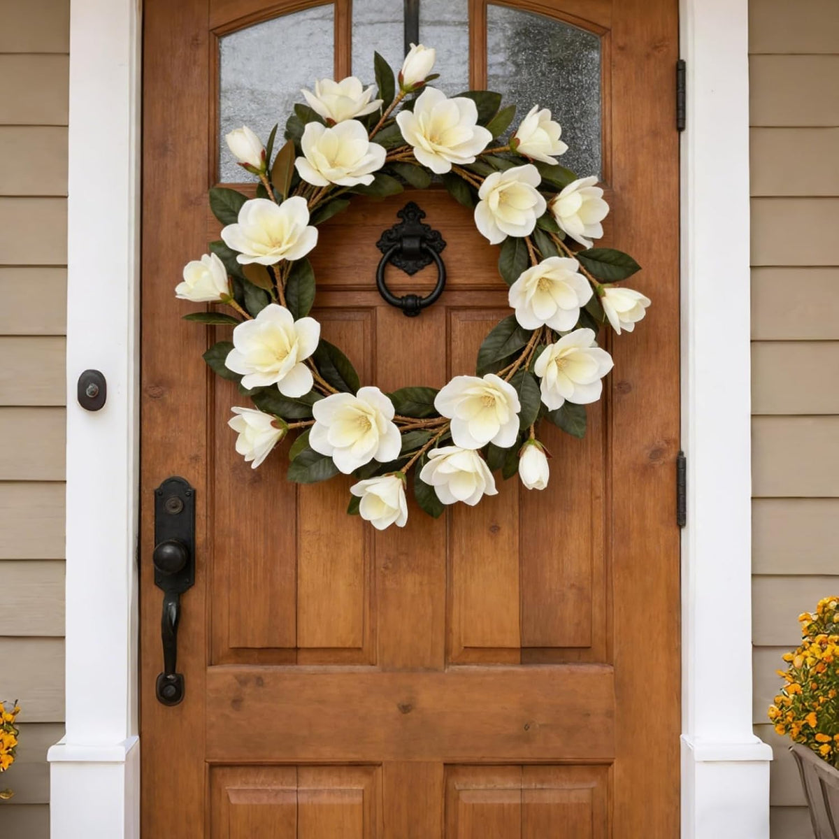 32.2inch Artificial Magnolia Flowers 3D Real Touch 6 Heads Faux Magnolia Flower Bouquets Realistic Long Stem with Green Leaves for Home Wedding Table Office Floral Arrangement Decoration (White)