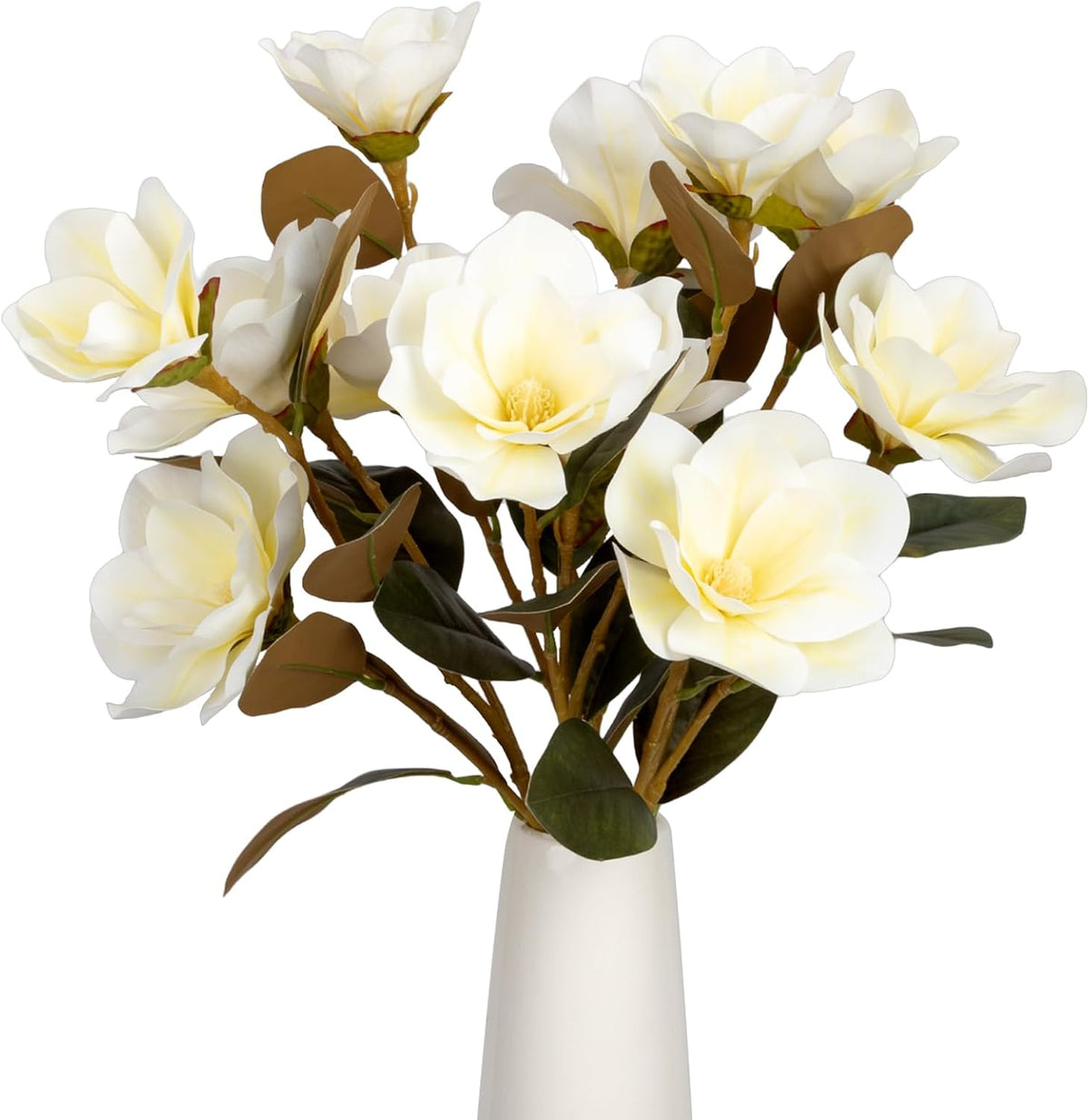 32.2inch Artificial Magnolia Flowers 3D Real Touch 6 Heads Faux Magnolia Flower Bouquets Realistic Long Stem with Green Leaves for Home Wedding Table Office Floral Arrangement Decoration (White)