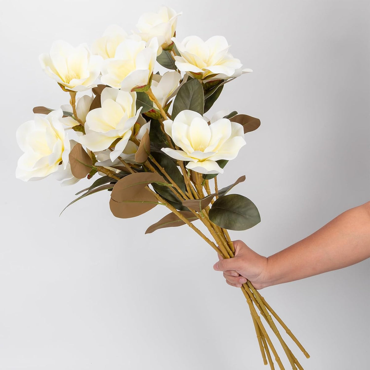 32.2inch Artificial Magnolia Flowers 3D Real Touch 6 Heads Faux Magnolia Flower Bouquets Realistic Long Stem with Green Leaves for Home Wedding Table Office Floral Arrangement Decoration (White)