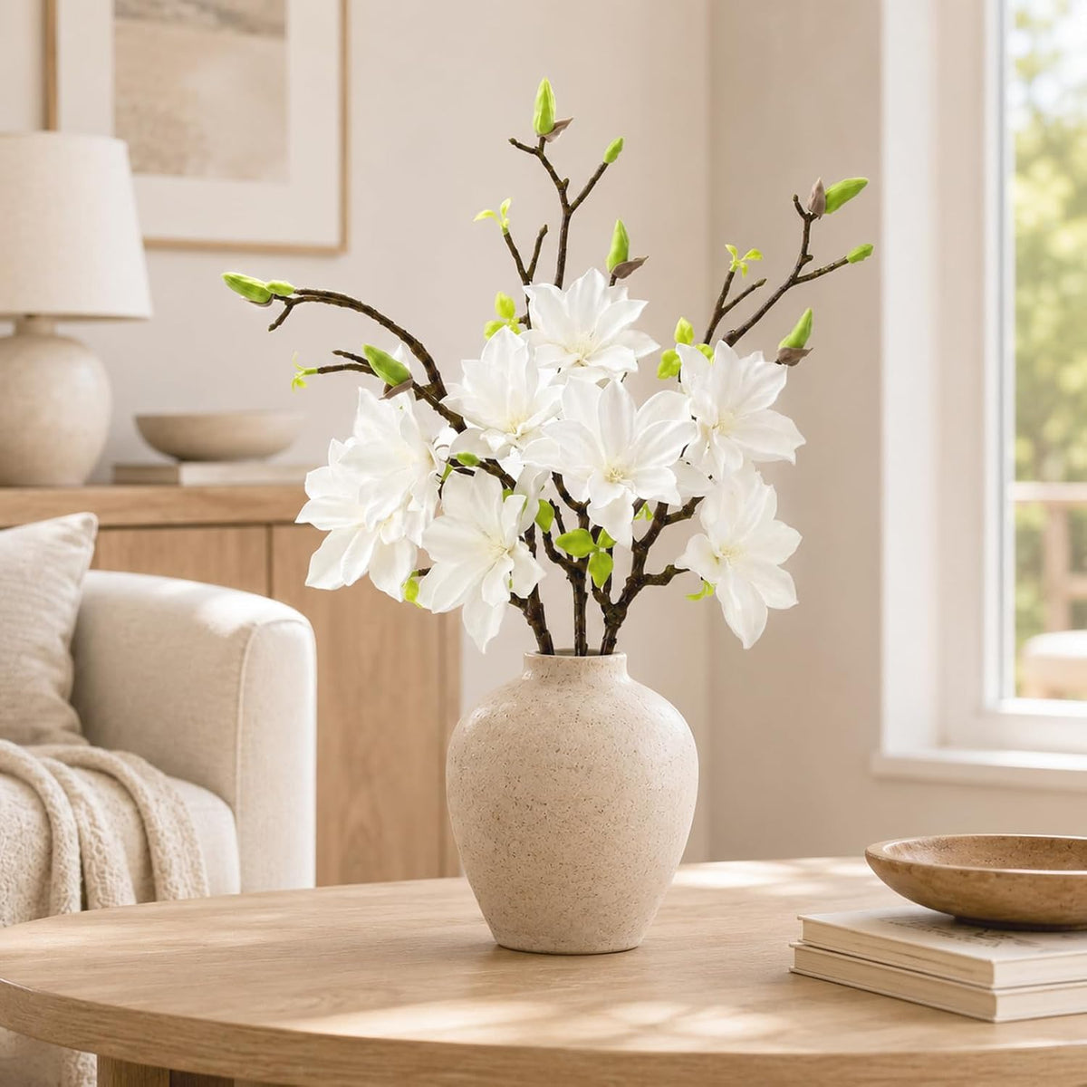 32.2inch Artificial Magnolia Flowers 3D Real Touch 6 Heads Faux Magnolia Flower Bouquets Realistic Long Stem with Green Leaves for Home Wedding Table Office Floral Arrangement Decoration (White)