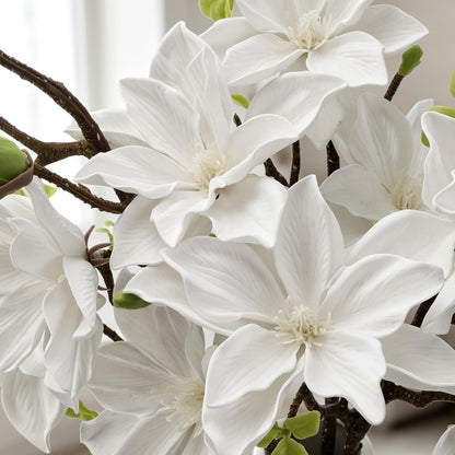 32.2inch Artificial Magnolia Flowers 3D Real Touch 6 Heads Faux Magnolia Flower Bouquets Realistic Long Stem with Green Leaves for Home Wedding Table Office Floral Arrangement Decoration (White)