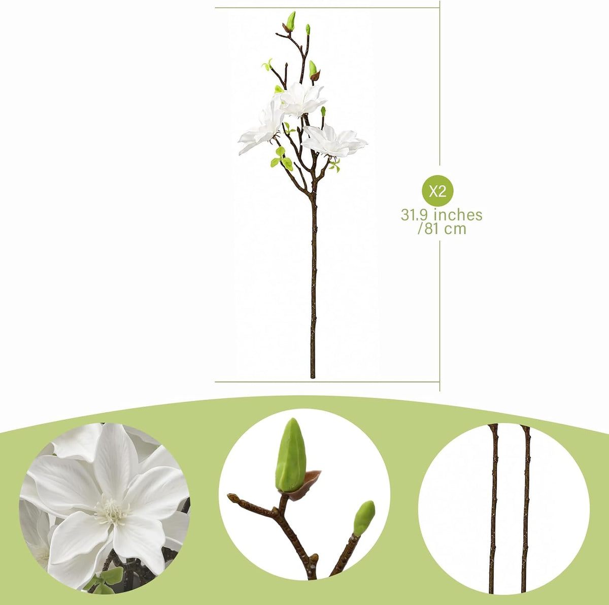 32.2inch Artificial Magnolia Flowers 3D Real Touch 6 Heads Faux Magnolia Flower Bouquets Realistic Long Stem with Green Leaves for Home Wedding Table Office Floral Arrangement Decoration (White)