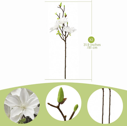 32.2inch Artificial Magnolia Flowers 3D Real Touch 6 Heads Faux Magnolia Flower Bouquets Realistic Long Stem with Green Leaves for Home Wedding Table Office Floral Arrangement Decoration (White)
