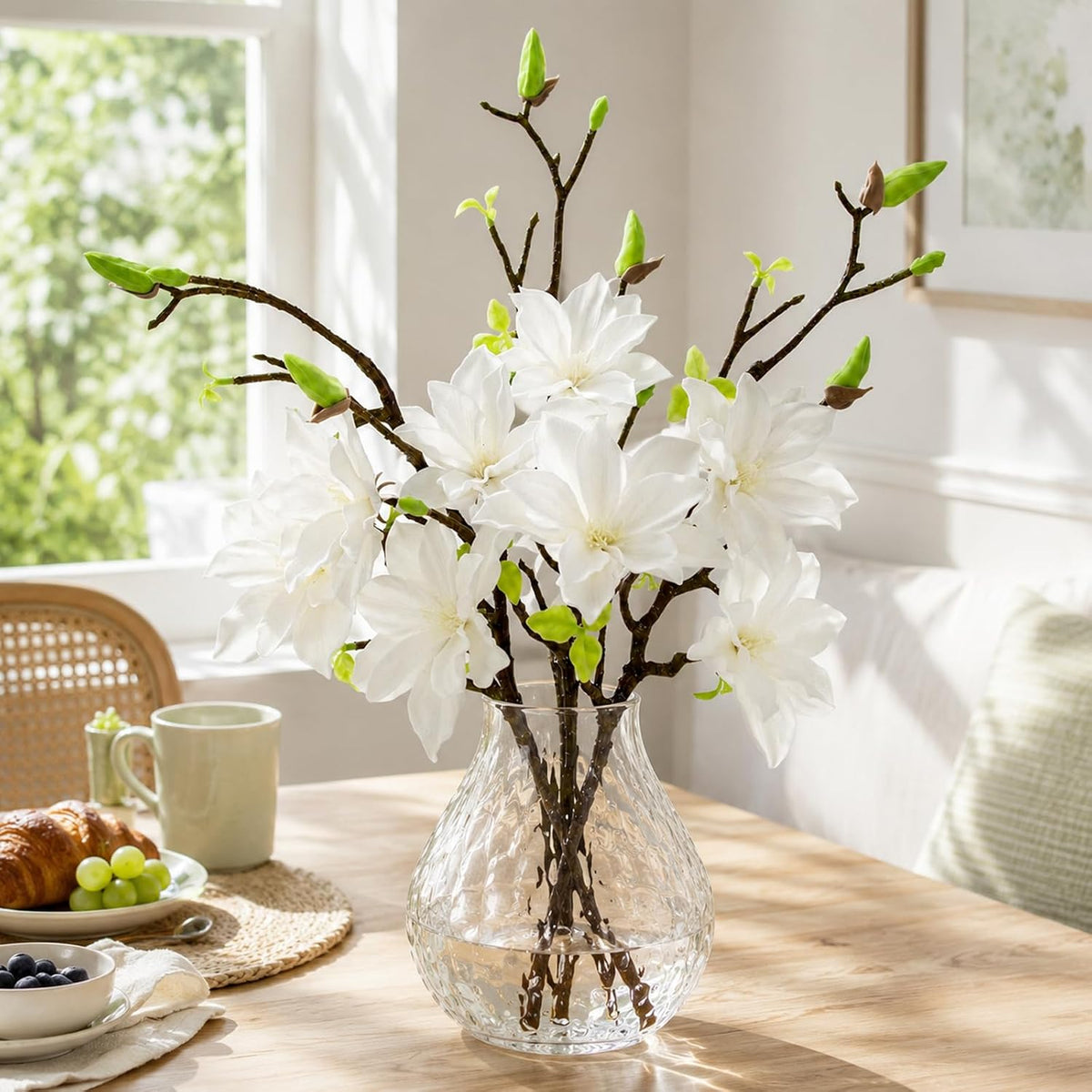32.2inch Artificial Magnolia Flowers 3D Real Touch 6 Heads Faux Magnolia Flower Bouquets Realistic Long Stem with Green Leaves for Home Wedding Table Office Floral Arrangement Decoration (White)