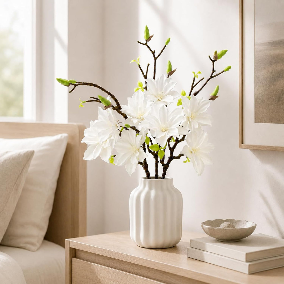 32.2inch Artificial Magnolia Flowers 3D Real Touch 6 Heads Faux Magnolia Flower Bouquets Realistic Long Stem with Green Leaves for Home Wedding Table Office Floral Arrangement Decoration (White)