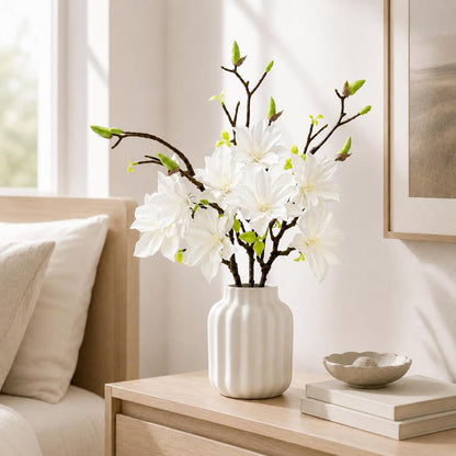 32.2inch Artificial Magnolia Flowers 3D Real Touch 6 Heads Faux Magnolia Flower Bouquets Realistic Long Stem with Green Leaves for Home Wedding Table Office Floral Arrangement Decoration (White)