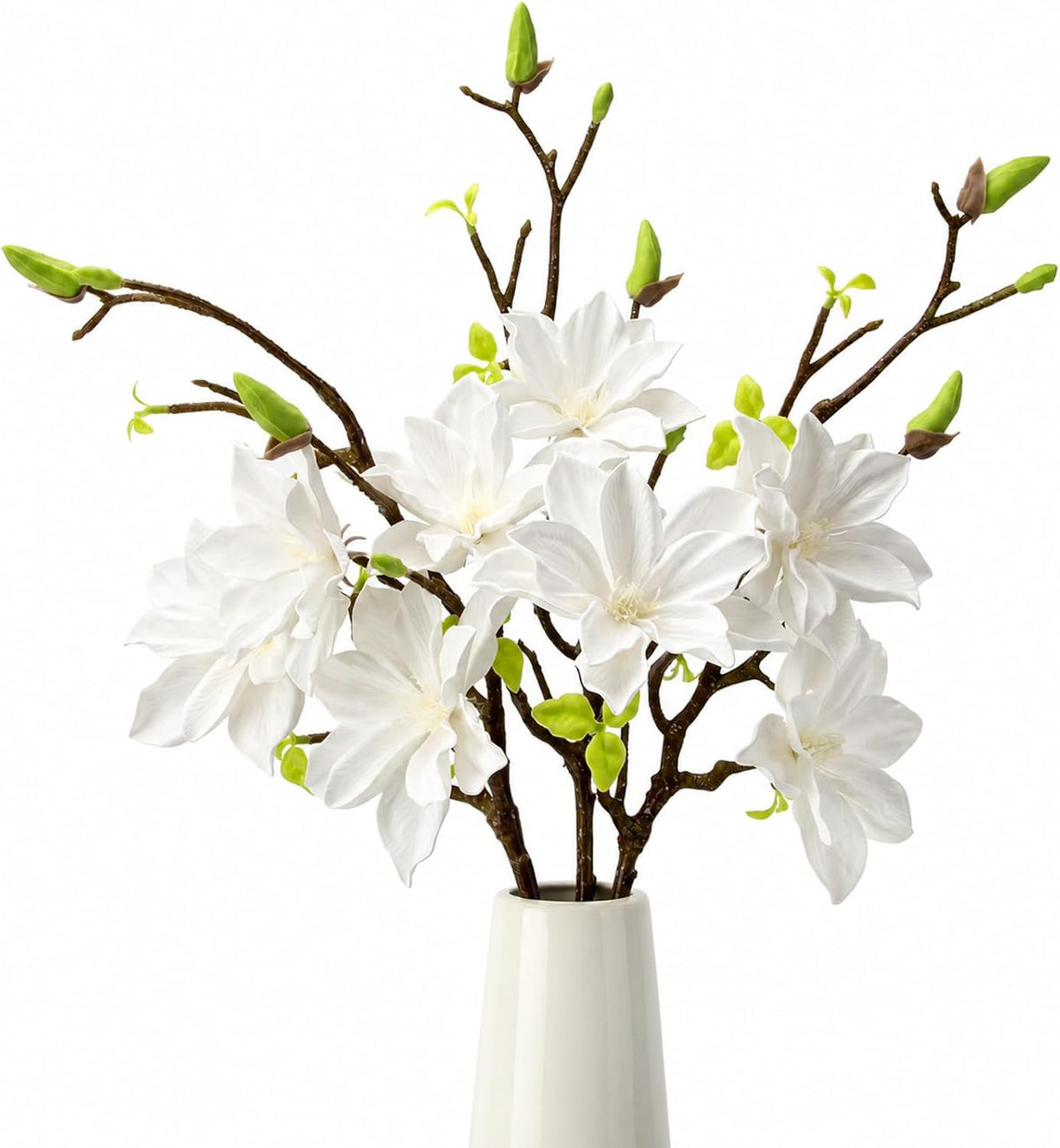 32.2inch Artificial Magnolia Flowers 3D Real Touch 6 Heads Faux Magnolia Flower Bouquets Realistic Long Stem with Green Leaves for Home Wedding Table Office Floral Arrangement Decoration (White)