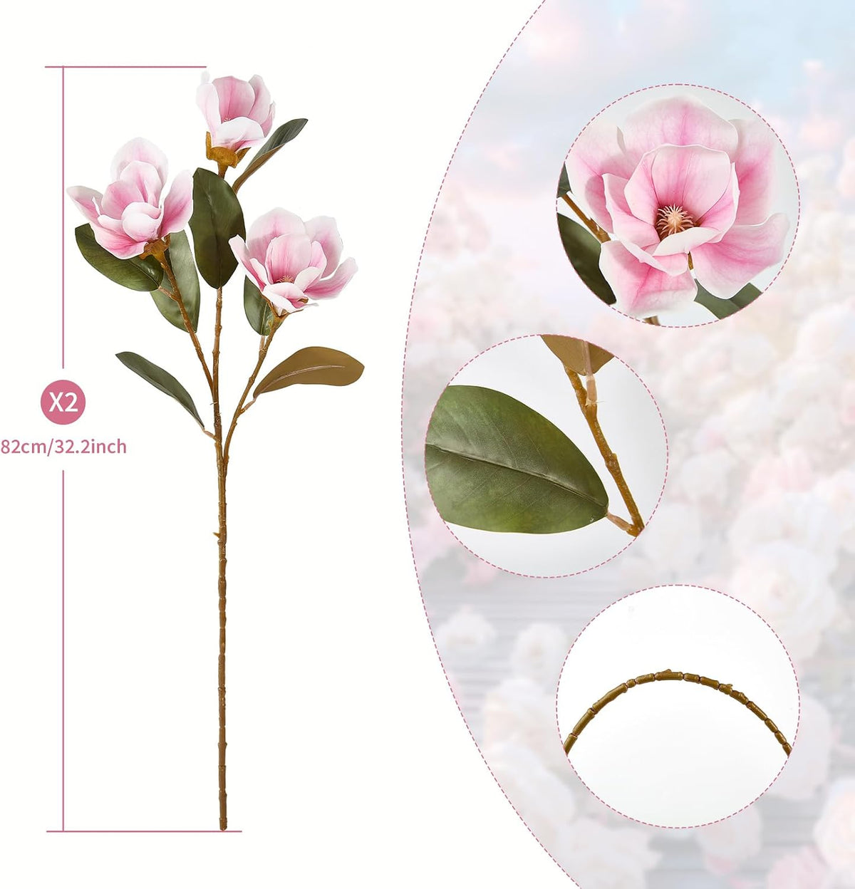 32.2inch Artificial Magnolia Flowers 3D Real Touch 6 Heads Faux Magnolia Flower Bouquets Realistic Long Stem with Green Leaves for Home Wedding Table Office Floral Arrangement Decoration (White)
