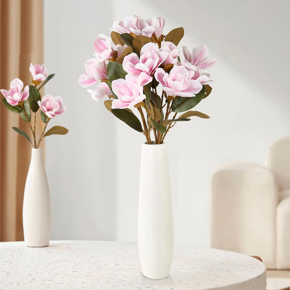 32.2inch Artificial Magnolia Flowers 3D Real Touch 6 Heads Faux Magnolia Flower Bouquets Realistic Long Stem with Green Leaves for Home Wedding Table Office Floral Arrangement Decoration (White)