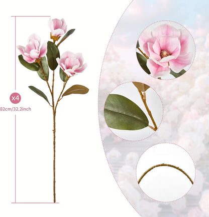 32.2inch Artificial Magnolia Flowers 3D Real Touch 6 Heads Faux Magnolia Flower Bouquets Realistic Long Stem with Green Leaves for Home Wedding Table Office Floral Arrangement Decoration (White)