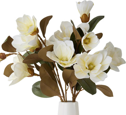 32.2inch Artificial Magnolia Flowers 3D Real Touch 6 Heads Faux Magnolia Flower Bouquets Realistic Long Stem with Green Leaves for Home Wedding Table Office Floral Arrangement Decoration (White)