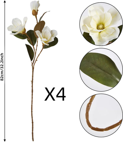 32.2inch Artificial Magnolia Flowers 3D Real Touch 6 Heads Faux Magnolia Flower Bouquets Realistic Long Stem with Green Leaves for Home Wedding Table Office Floral Arrangement Decoration (White)