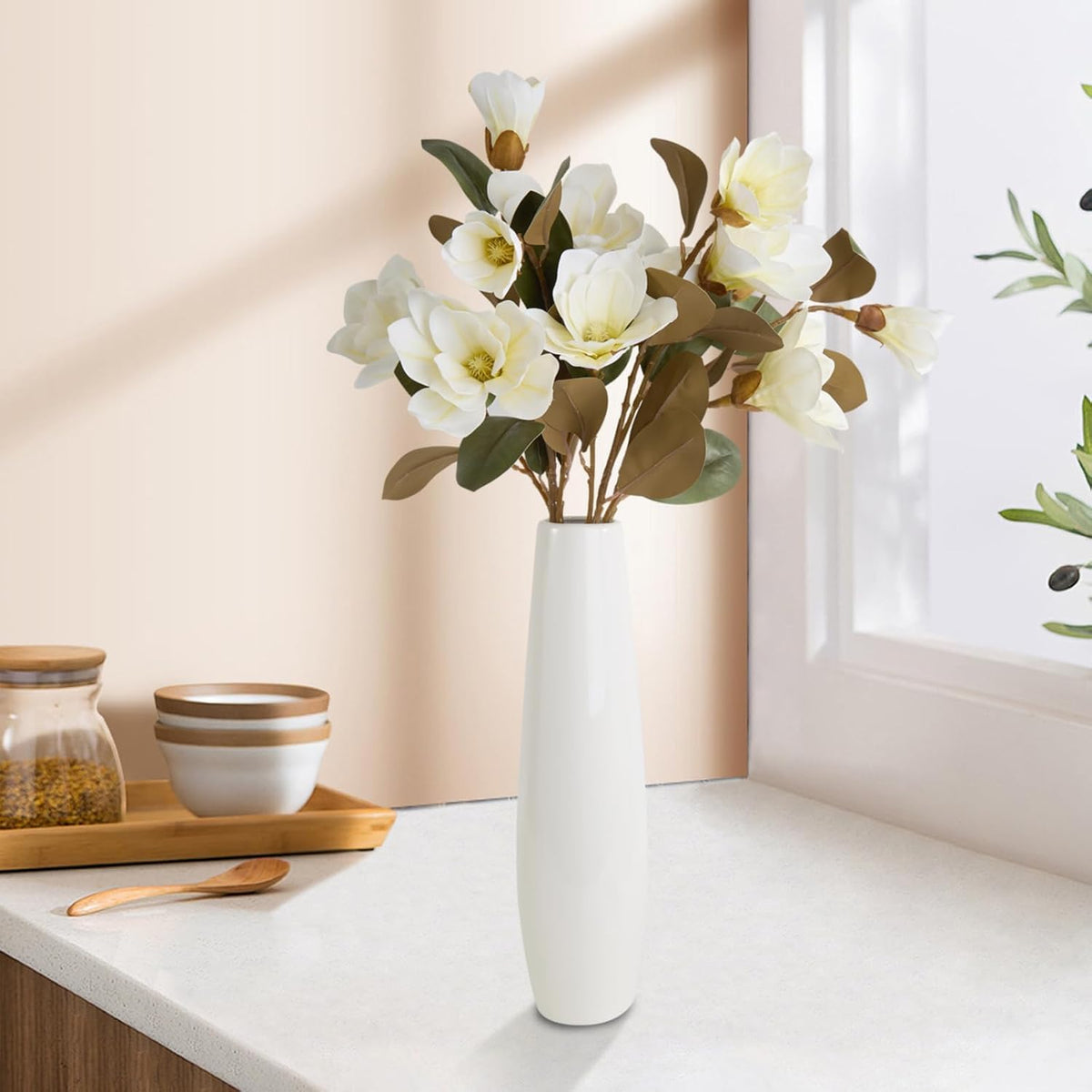 32.2inch Artificial Magnolia Flowers 3D Real Touch 6 Heads Faux Magnolia Flower Bouquets Realistic Long Stem with Green Leaves for Home Wedding Table Office Floral Arrangement Decoration (White)