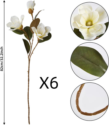 32.2inch Artificial Magnolia Flowers 3D Real Touch 6 Heads Faux Magnolia Flower Bouquets Realistic Long Stem with Green Leaves for Home Wedding Table Office Floral Arrangement Decoration (White)