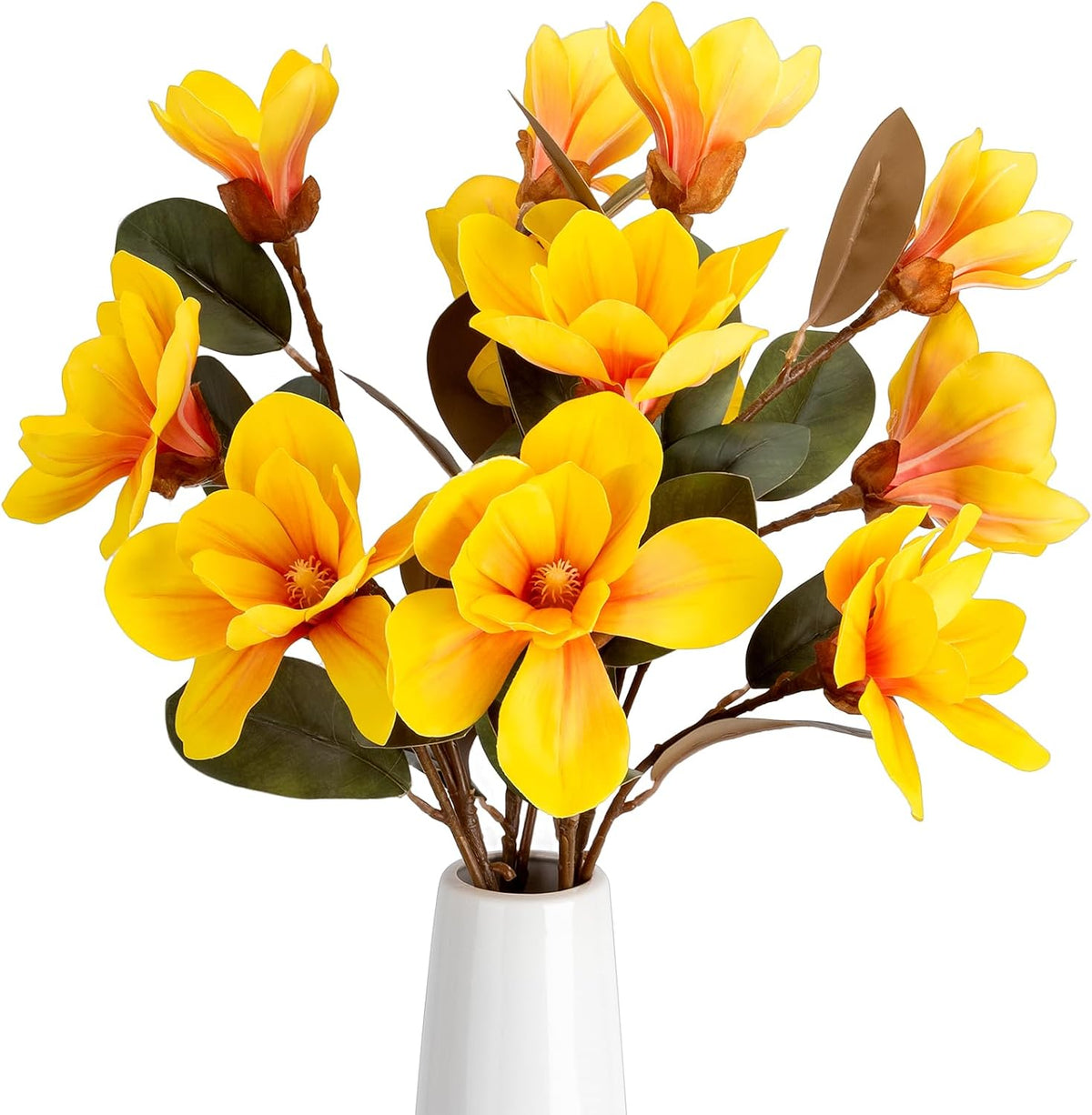 32.2inch Artificial Magnolia Flowers 3D Real Touch 6 Heads Faux Magnolia Flower Bouquets Realistic Long Stem with Green Leaves for Home Wedding Table Office Floral Arrangement Decoration (White)