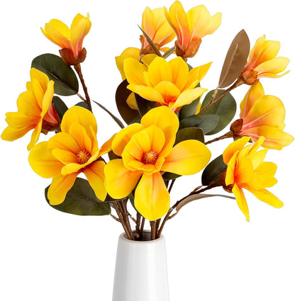 32.2inch Artificial Magnolia Flowers 3D Real Touch 6 Heads Faux Magnolia Flower Bouquets Realistic Long Stem with Green Leaves for Home Wedding Table Office Floral Arrangement Decoration (White)