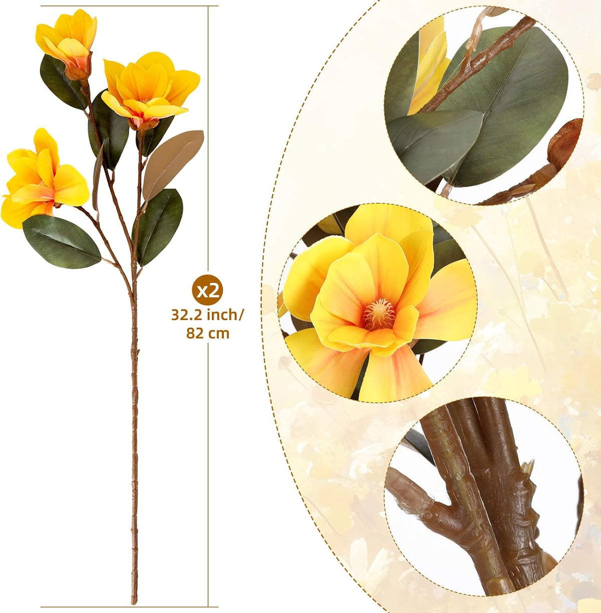 32.2inch Artificial Magnolia Flowers 3D Real Touch 6 Heads Faux Magnolia Flower Bouquets Realistic Long Stem with Green Leaves for Home Wedding Table Office Floral Arrangement Decoration (White)