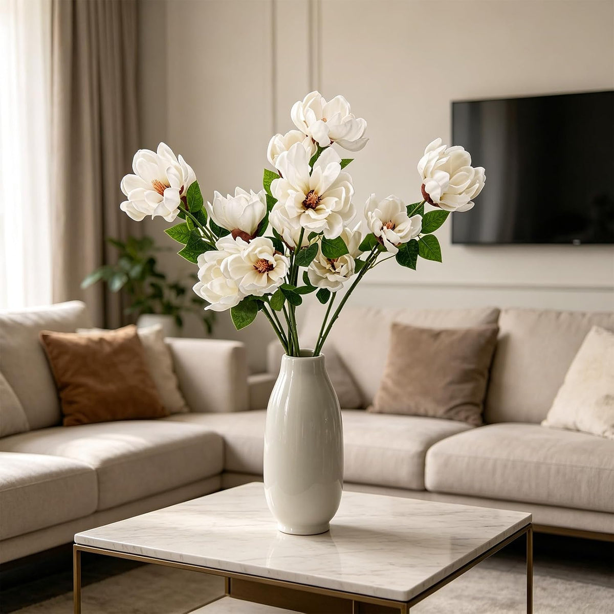 32.2inch Artificial Magnolia Flowers 3D Real Touch 6 Heads Faux Magnolia Flower Bouquets Realistic Long Stem with Green Leaves for Home Wedding Table Office Floral Arrangement Decoration (White)