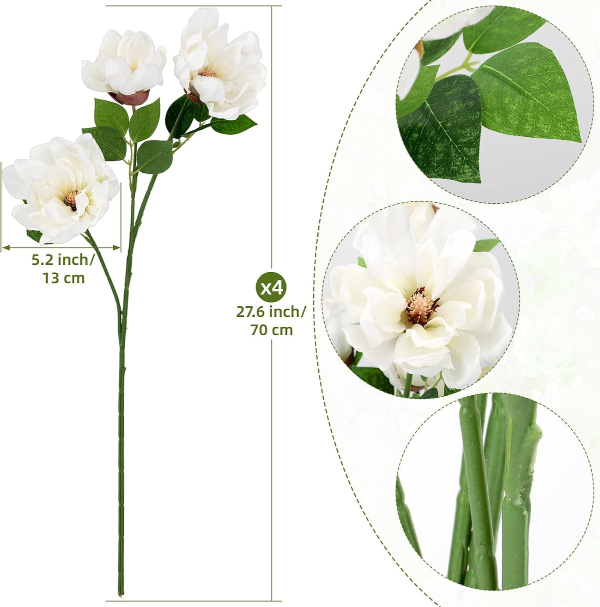 32.2inch Artificial Magnolia Flowers 3D Real Touch 6 Heads Faux Magnolia Flower Bouquets Realistic Long Stem with Green Leaves for Home Wedding Table Office Floral Arrangement Decoration (White)