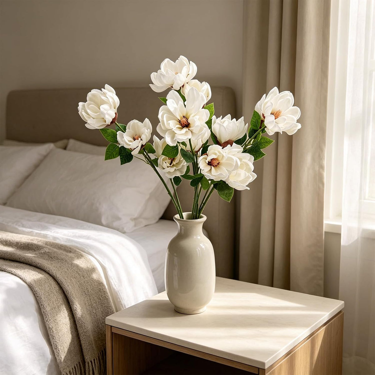 32.2inch Artificial Magnolia Flowers 3D Real Touch 6 Heads Faux Magnolia Flower Bouquets Realistic Long Stem with Green Leaves for Home Wedding Table Office Floral Arrangement Decoration (White)