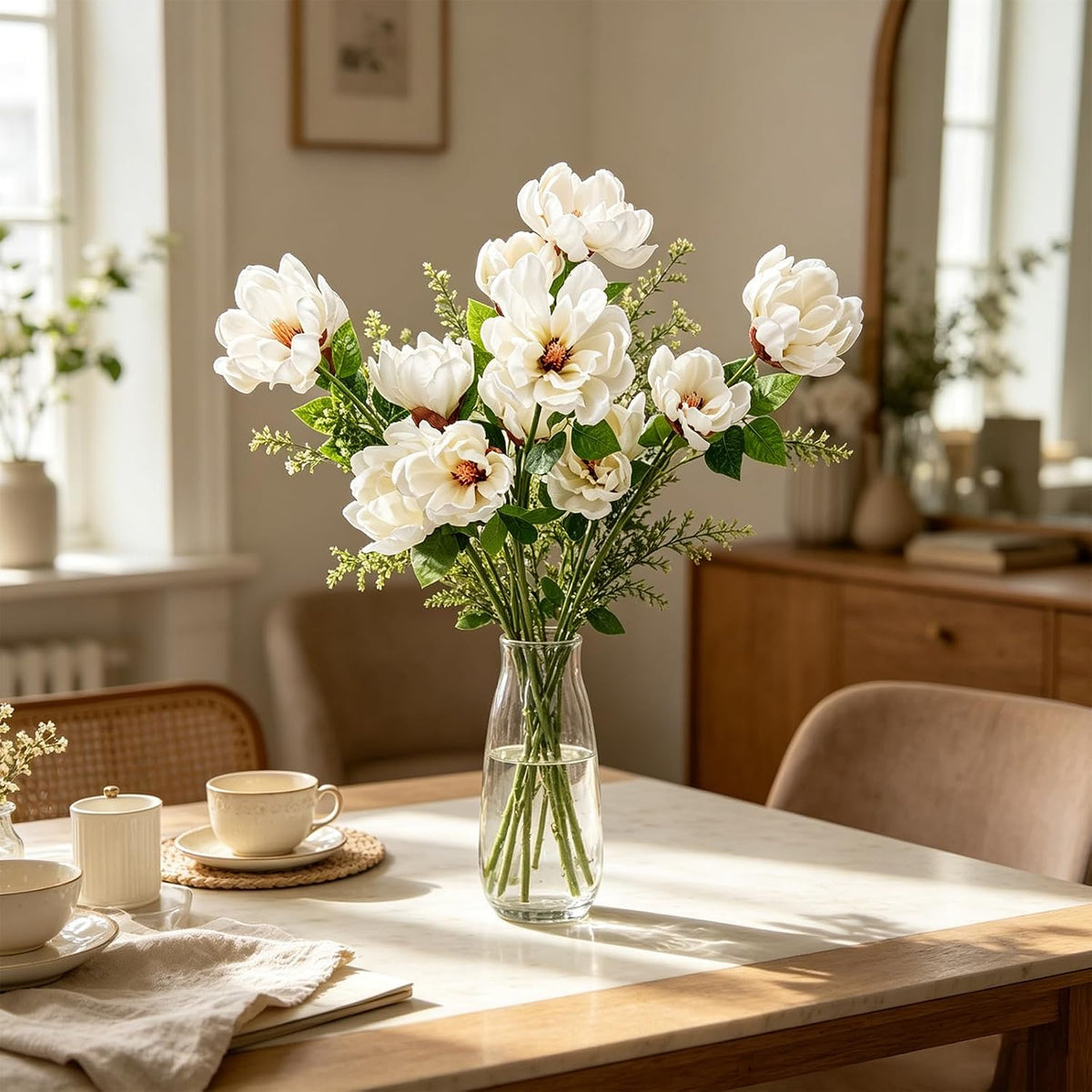 32.2inch Artificial Magnolia Flowers 3D Real Touch 6 Heads Faux Magnolia Flower Bouquets Realistic Long Stem with Green Leaves for Home Wedding Table Office Floral Arrangement Decoration (White)