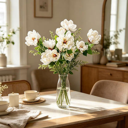 32.2inch Artificial Magnolia Flowers 3D Real Touch 6 Heads Faux Magnolia Flower Bouquets Realistic Long Stem with Green Leaves for Home Wedding Table Office Floral Arrangement Decoration (White)