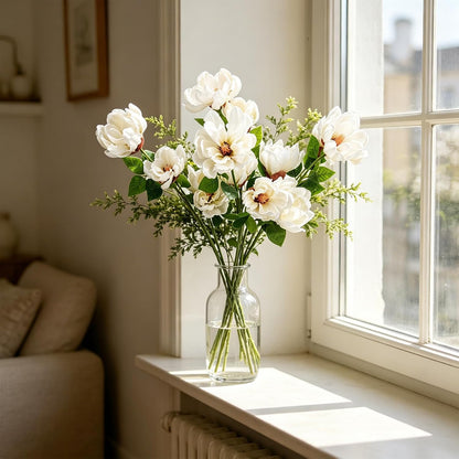 32.2inch Artificial Magnolia Flowers 3D Real Touch 6 Heads Faux Magnolia Flower Bouquets Realistic Long Stem with Green Leaves for Home Wedding Table Office Floral Arrangement Decoration (White)