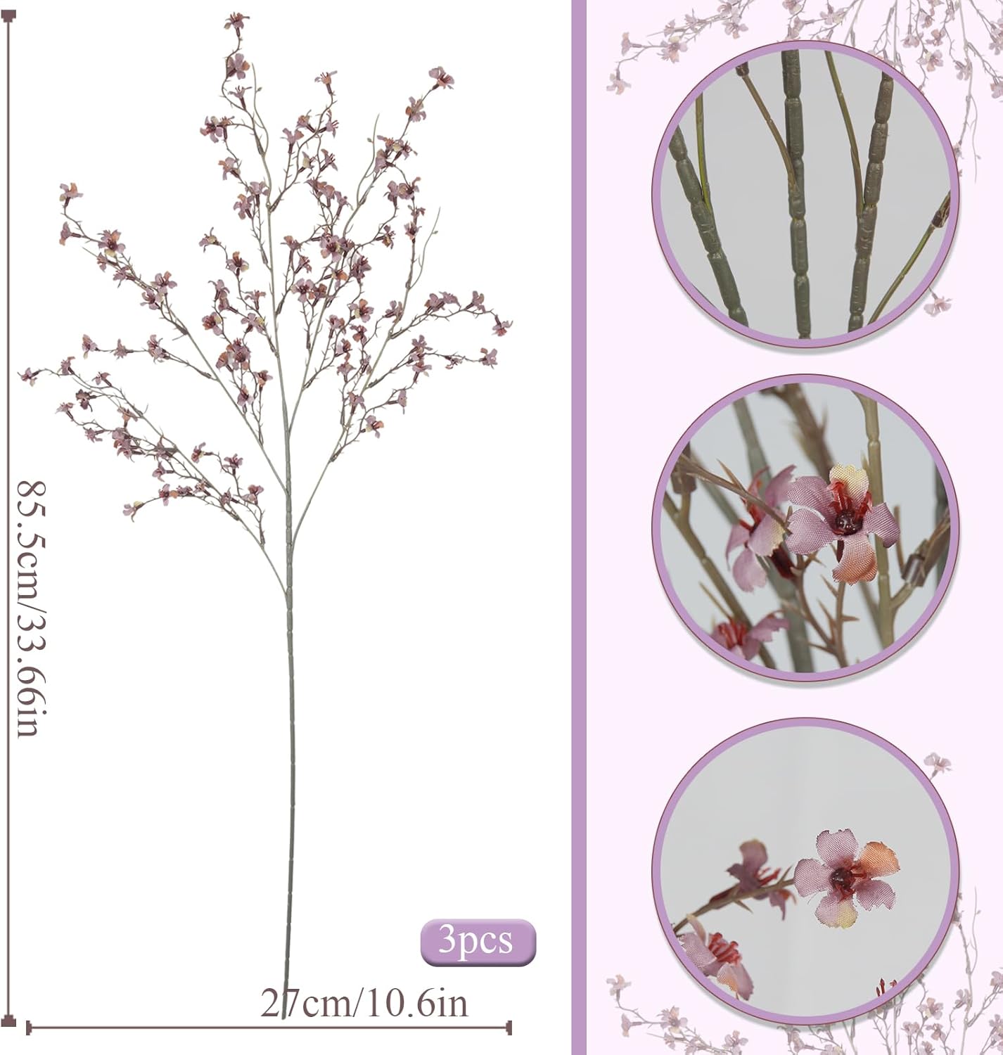 3 Pcs Cherry Blossom Branches Artificial Flowers for Spring Summer Indoor Decoration Faux Cherry Blossom Long Stems Creamy White Silk Fake Flowers for Tall Vase Arrangements Home Wedding Table