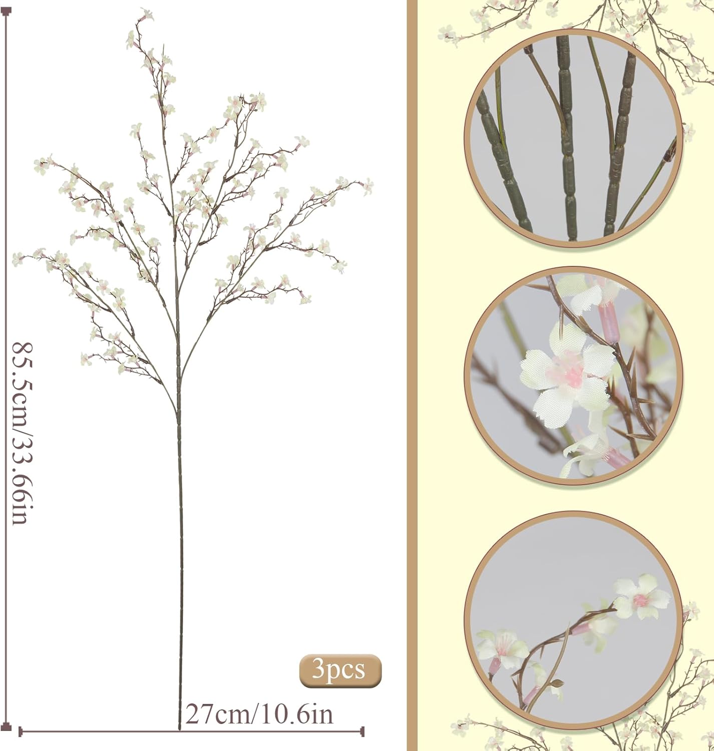 3 Pcs Cherry Blossom Branches Artificial Flowers for Spring Summer Indoor Decoration Faux Cherry Blossom Long Stems Creamy White Silk Fake Flowers for Tall Vase Arrangements Home Wedding Table