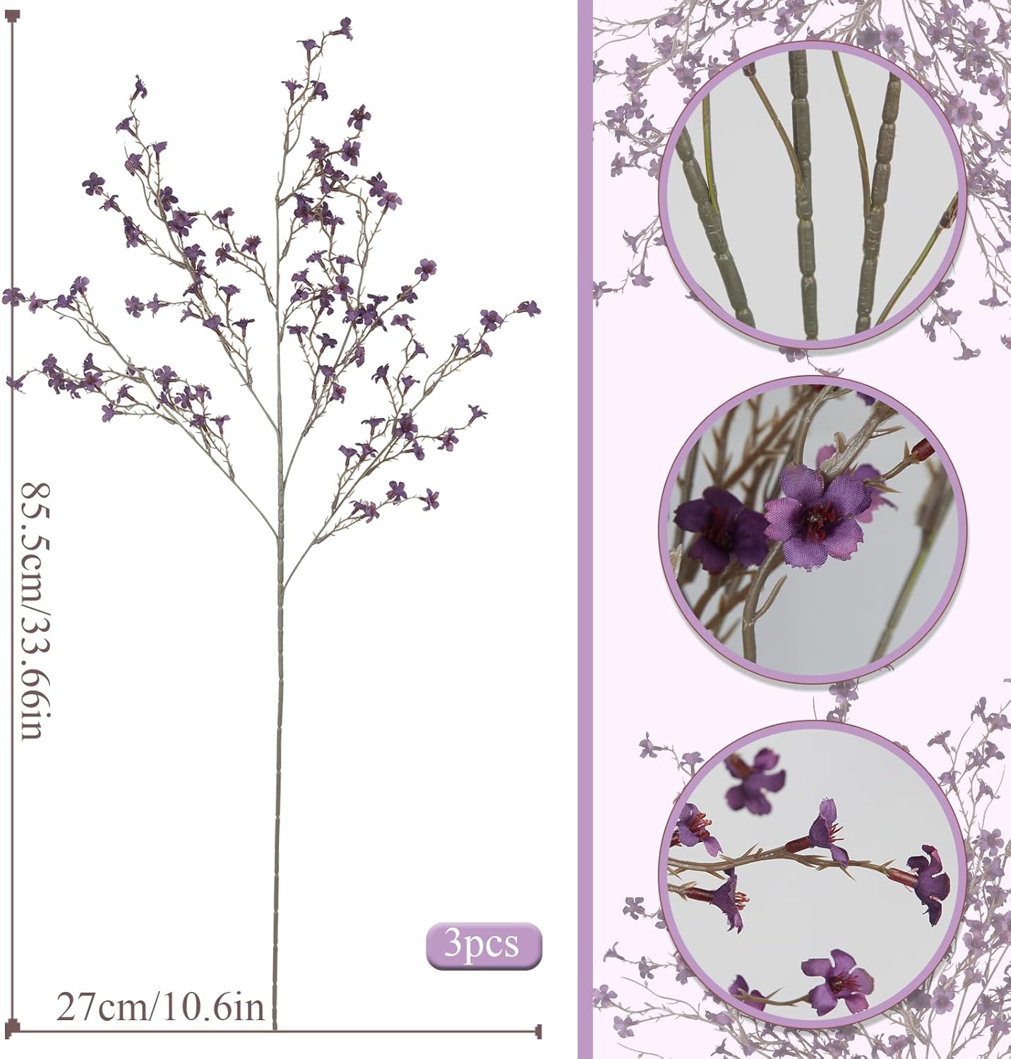 3 Pcs Cherry Blossom Branches Artificial Flowers for Spring Summer Indoor Decoration Faux Cherry Blossom Long Stems Creamy White Silk Fake Flowers for Tall Vase Arrangements Home Wedding Table