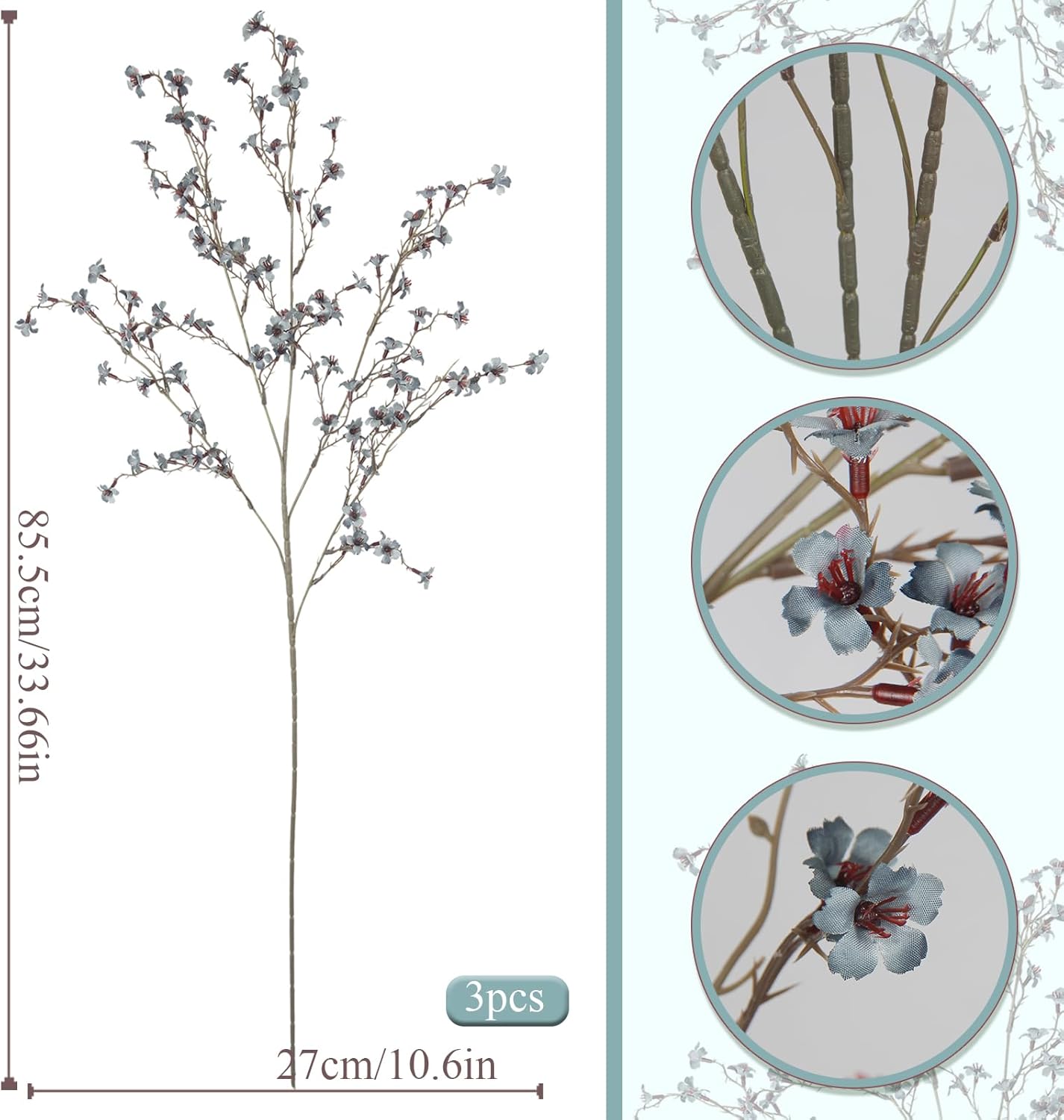 3 Pcs Cherry Blossom Branches Artificial Flowers for Spring Summer Indoor Decoration Faux Cherry Blossom Long Stems Creamy White Silk Fake Flowers for Tall Vase Arrangements Home Wedding Table