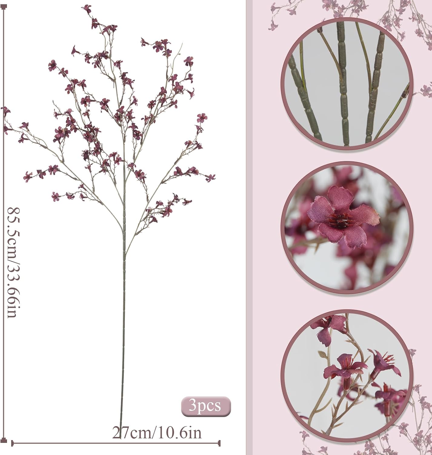 3 Pcs Cherry Blossom Branches Artificial Flowers for Spring Summer Indoor Decoration Faux Cherry Blossom Long Stems Creamy White Silk Fake Flowers for Tall Vase Arrangements Home Wedding Table