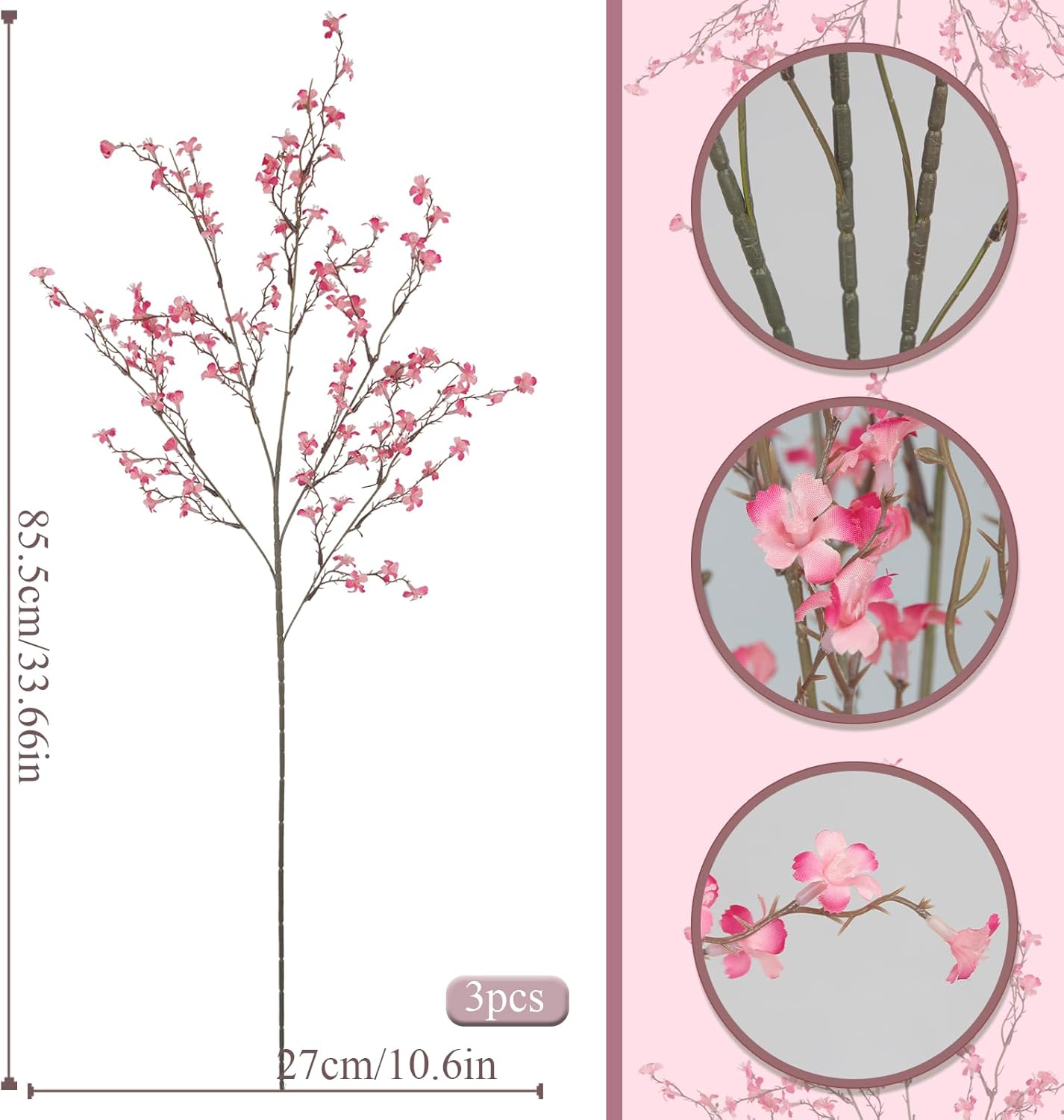 3 Pcs Cherry Blossom Branches Artificial Flowers for Spring Summer Indoor Decoration Faux Cherry Blossom Long Stems Creamy White Silk Fake Flowers for Tall Vase Arrangements Home Wedding Table