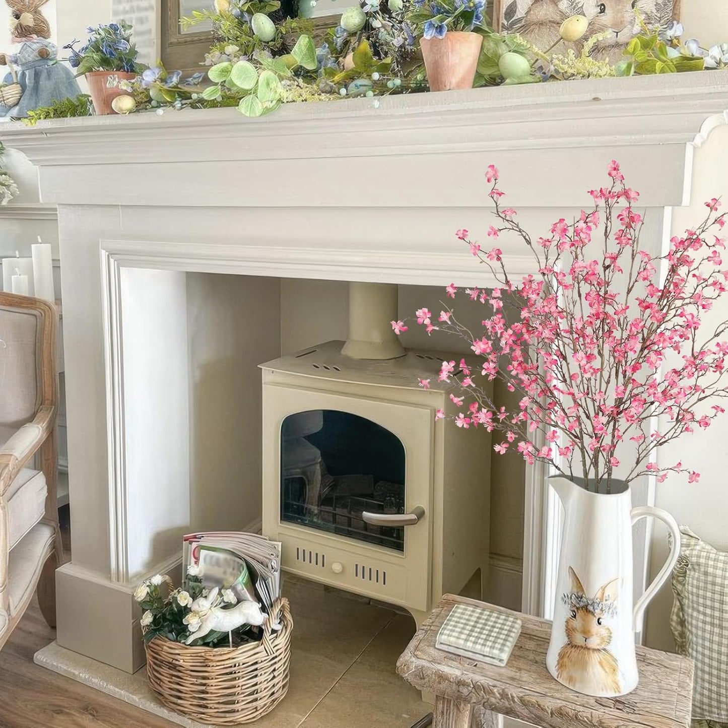 3 Pcs Cherry Blossom Branches Artificial Flowers for Spring Summer Indoor Decoration Faux Cherry Blossom Long Stems Creamy White Silk Fake Flowers for Tall Vase Arrangements Home Wedding Table