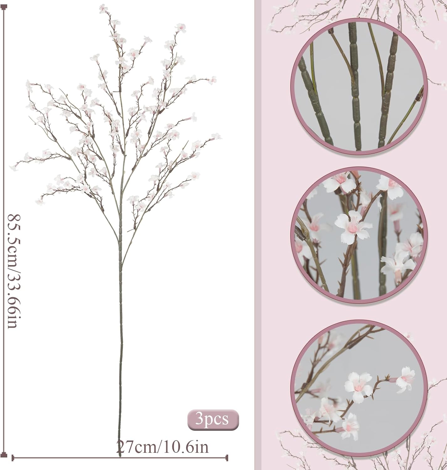 3 Pcs Cherry Blossom Branches Artificial Flowers for Spring Summer Indoor Decoration Faux Cherry Blossom Long Stems Creamy White Silk Fake Flowers for Tall Vase Arrangements Home Wedding Table