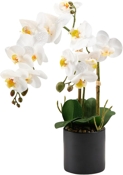 17" Artificial White Phalaenopsis Orchid in Modern Black Ceramic Pot | Realistic Faux Flower Arrangement for Bathroom, Bedroom, & Dining Table Decor - Low-Maintenance Luxury Home Accent
